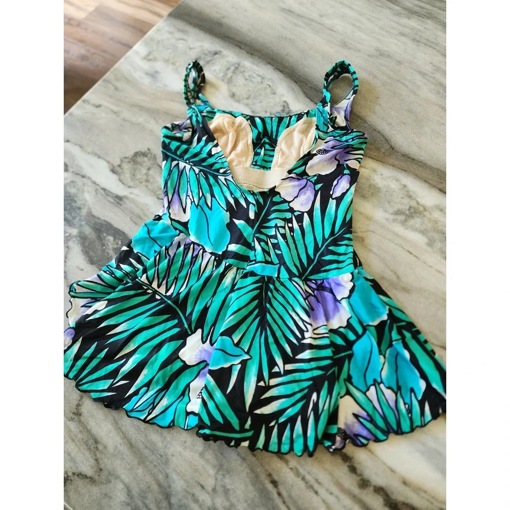 Vintage Robby Len Tropical Floral Swimdress One Piece Teal Purple USA Made